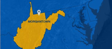 Map of the state of WV showing Morgantown, WVU